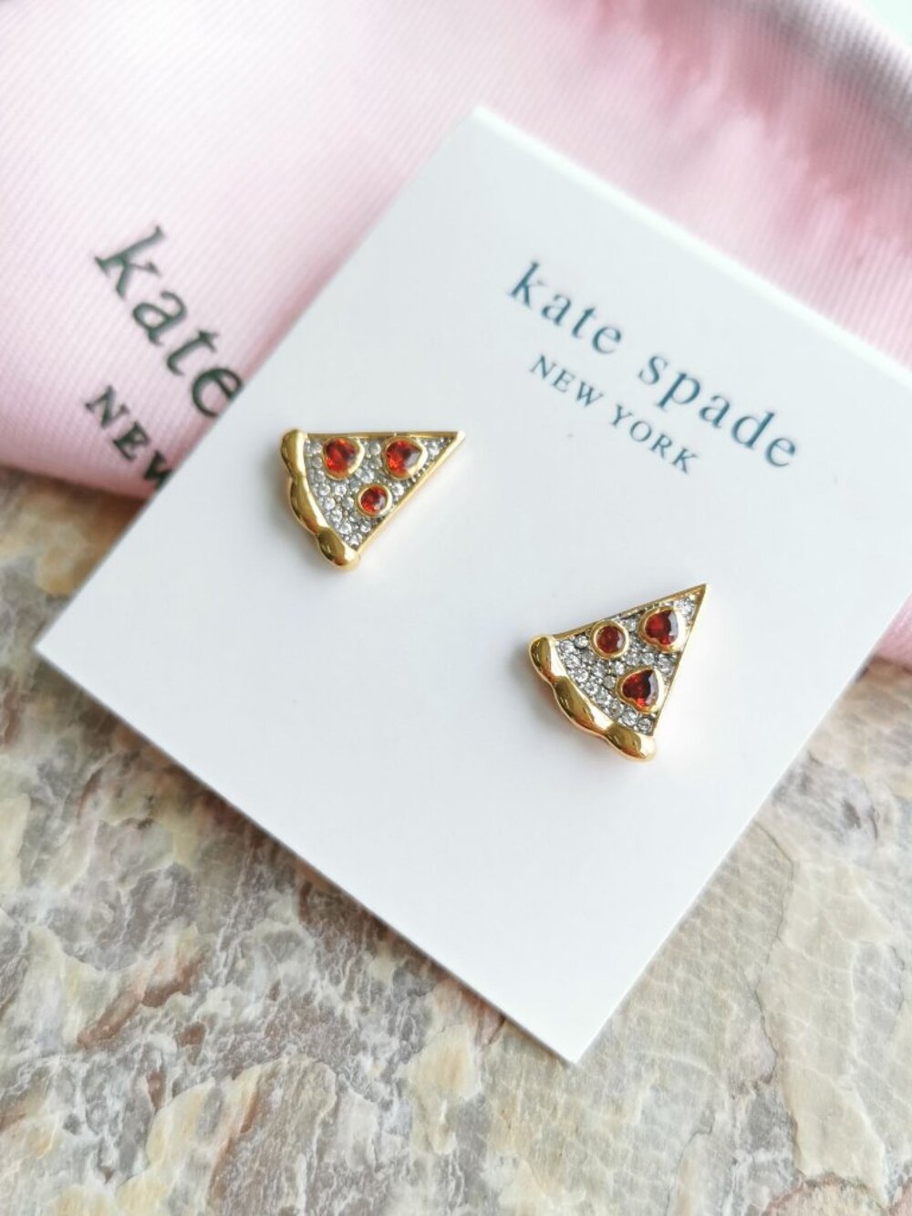Kate Spade Pizza My Heart Stud Earrings Gold Multicolor Crystal Slice - Picture 2 of 5